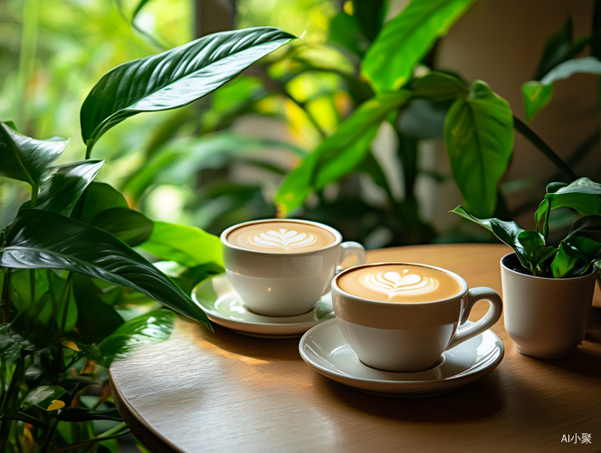 Cozy Coffee Scene Surrounded by Green Plants in High Detail