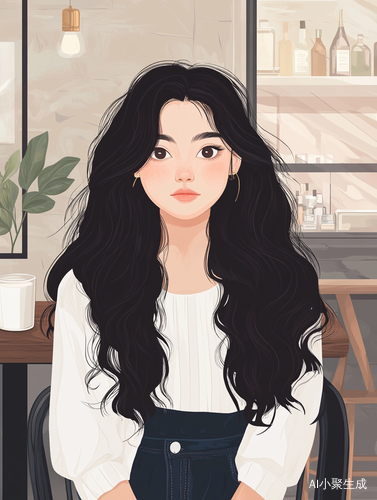 黑色波浪卷发女孩在餐厅享受牛奶的极简插图
