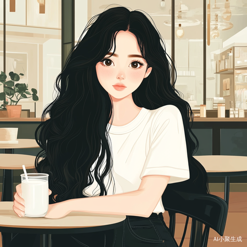 黑色波浪卷发女孩在餐厅享受牛奶的极简插图