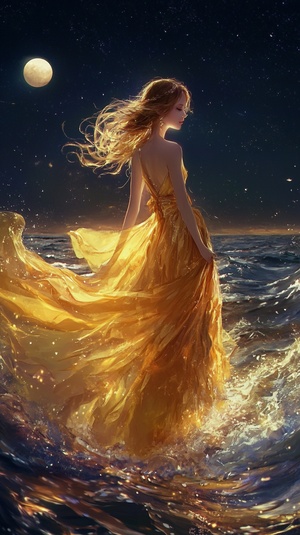 Hand-painted, illustrated, a girl, delicate features, wearing a gold evening gown, walking barefoot on the sea, dynamic movements, starlight, night sky, realistic picture quality, HD 8k翻译：手绘，插画，一个女孩，精致的五官，穿着金色的晚礼服，光脚走在海面上，动态动作，星光闪耀，夜空，逼真的画质，高清8k#ai #Ai绘画 #ai关键词 #midjourney关键词 #AI绘画有点东西 #绘画 #浪漫 #女孩 #海 #创意 #艺术 #素材 #设计师，中国女孩