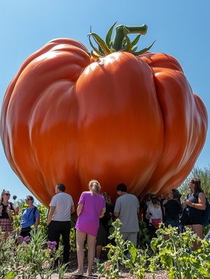 This giant tomato is more than 5 meters tall, several times taller than humans. A group of tourists gathered around to take pictures. Real photography, beautiful natural light ar 2:3 v 6.0