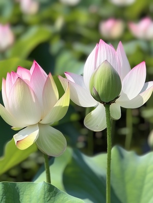 在夏天,有两朵朵盛开的莲花,它的花瓣呈粉红色,前面是绿色的叶子。旁边有一个尚未开放的蓓蕾,非常美丽。有一个莲蓬，图片的背景颜色将是浅蓝色,你可以在你的手机上看到更多的细节。这张由尼康DSLR相机D750拍摄的照片传达出鲜艳的色调和清晰的焦点。它展示了一个高清的图像质量。超高分辨率,28毫米f4镜头。