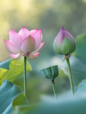 一朵粉红色的荷花盛开,一个绿色花苞,两根莲蓬耸立，在自然光背景中,使用佳能相机拍摄的特写镜头,这是一张专业照片。这张照片以摄影师“金骏”的风格使用超广角镜头拍摄。它有高分辨率和超级细节。这个美丽的场景散发出和谐的感觉。明亮的色彩和柔和的光线在大自然中创造了平衡感。在这张高清图像中,没有阳光失真或折射。背景是渐变色虚化，超高清品质