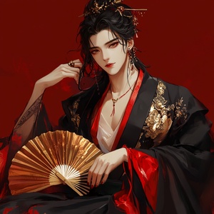 boy,dragon,eastern dragon,chinese clothes,hand fan,red background, sitting,jewelry,crossed legs,dress, looking at viewer, black hair, holding fan, hair ornament,earrings,holding,shawl,red lips,folding fan, bracelet,makeup, simple background, black eyes,solo,chair,closed mouth