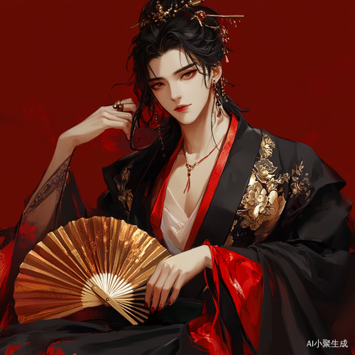 A Boy in Eastern Dragon Attire Holding a Folding Fan on a Red Background