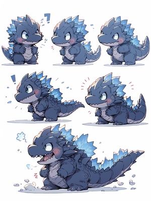 A cute little Godzilla character with multiple poses and expressions in a chibi style. It has black scales and blue eyes with a simple background. The digital art is in the style of Hayao Miyazaki with an anime drawing style using outline lines for details. The character has playful movements depicted with simple strokes and light color tones in a cartoon illustration style on a white background with cute expressions. ar 3:4 niji 5