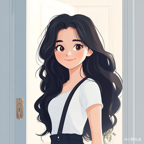 可爱卡通女孩在门外拿钥匙的极简主义插图