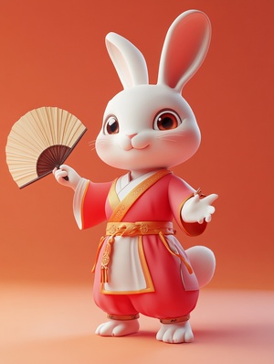 A slim rabbit in a Chinese martial artscostume, Hand holding fan, Pink and red matching, Low purity hues, nthropomorphic design, Chinese Zodiac Signs, Simple accessories, Glamour eyes, Martial arts postures, clean background, Dunhuang, lustration style, clay, animated Light, high detail, 3d, C4D, octane render, nine quarter Angle,ar5:7