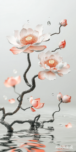 灰色背景上盛开的莲花与扭曲树枝的诗意结合