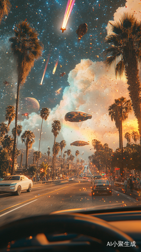 加利福尼亚高速公路上的科幻场景与星空彩虹
