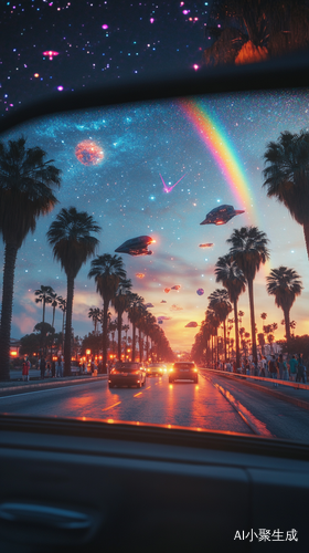 加利福尼亚高速公路上的科幻场景与星空彩虹