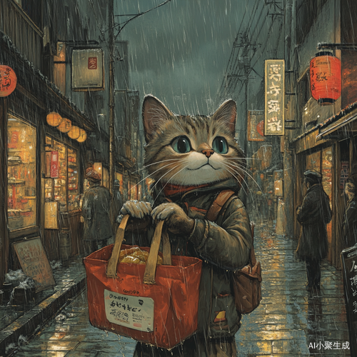 雨天街上送外卖的猫咪
