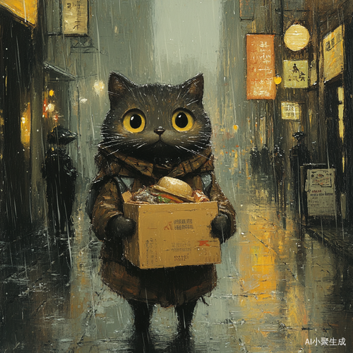 雨天街上送外卖的猫咪