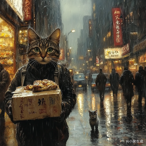 雨天街上送外卖的猫咪