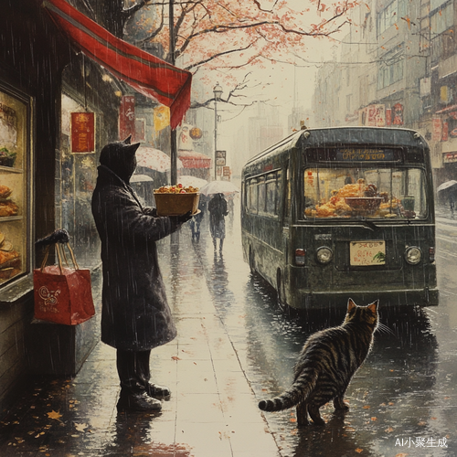 雨天街上送外卖的猫咪