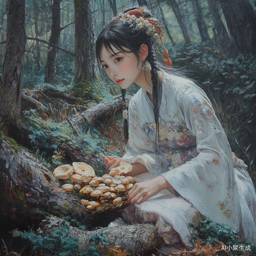 中国女孩在森林里采蘑菇的JK冒险