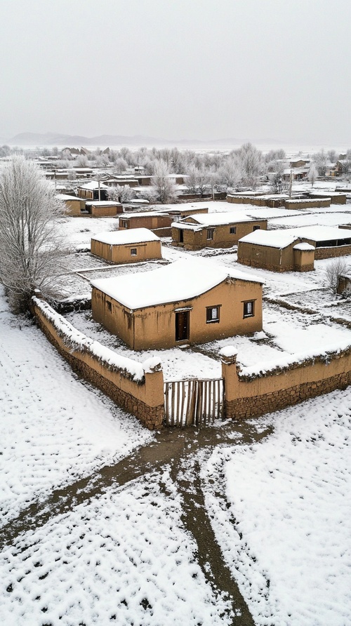 冬季中央的一座小土坯房，村庄，几处房子，屋顶和墙壁覆盖着雪，房子正前面有泥墙，栅栏大门，一座标准的农家小院，泥土路、覆盖着雪的地面和灰暗的天空，使用iPhone相机拍摄。该场景在无人机镜头下拍摄，鸟瞰图