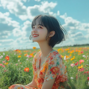 阳光下的笑容中国女孩与花海草原的无忧时光
