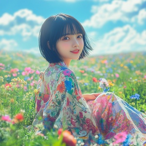 阳光下的笑容中国女孩与花海草原的无忧时光