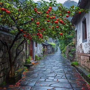 江南宽敞的古街镇，古老的青石小巷，雨丝轻柔地洒落，柿子树满载红色柿子，树下青藤缠绕，朦胧的水汽渗透过古屋的窗棂，静谧而温馨的氛围，青瓦白墙映衬出秋日的宁静。高清写实