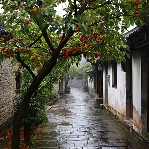 江南宽敞的古街镇，古老的青石小巷，雨丝轻柔地洒落，柿子树满载红色柿子，树下青藤缠绕，朦胧的水汽渗透过古屋的窗棂，静谧而温馨的氛围，青瓦白墙映衬出秋日的宁静。高清写实