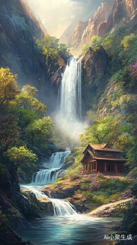 大山瀑布与温馨乡村的自然壮丽画卷