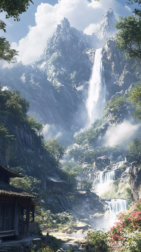 大山瀑布与温馨乡村的自然壮丽画卷