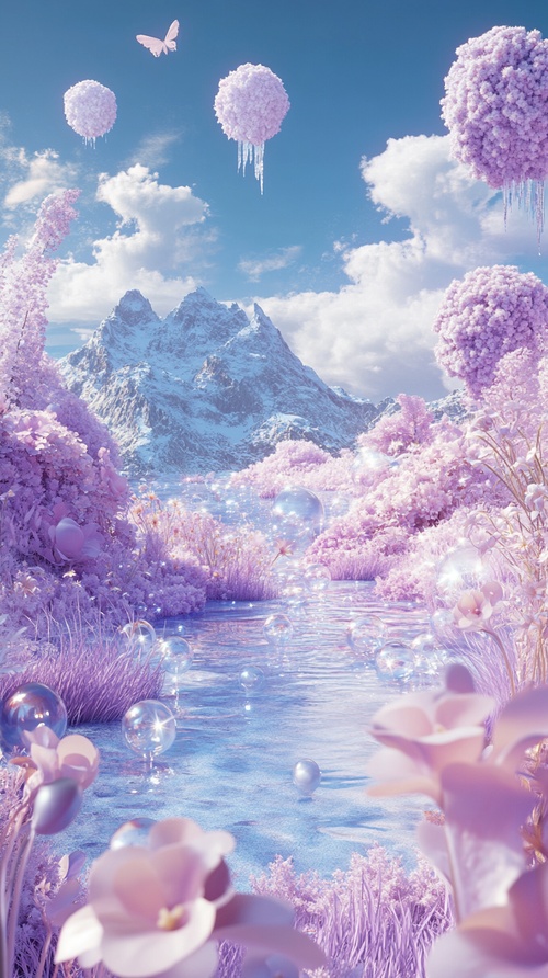 3D illustration of an ethereal fantasy world, with a pale purple and blue color palette,featuring floating islands in the sky, a serene lake with bubbles at its edge, flowers growing on ice,little fairies flying around, and whimsical creatures peeking out from behind clouds. In the foreground is a small garden filled with oversized petals, surrounded by soft pink grasses and wildflowers. The background features snow-covered mountains under a clear sky. This scene exudes tranquility and magic. The illustrati