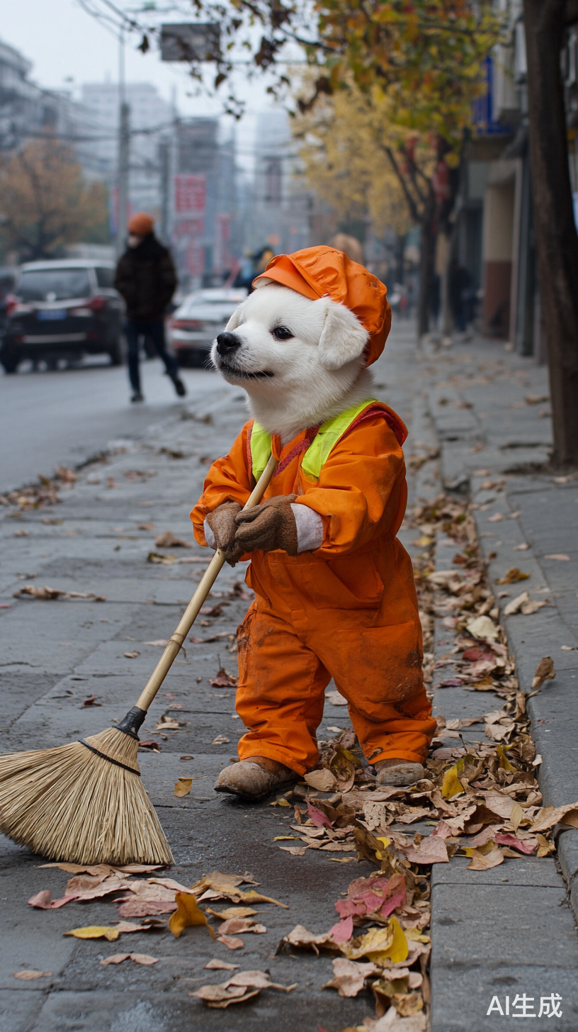 橘白色狗狗穿工作服扫地的温馨画面