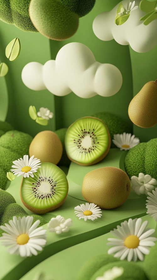 Logo design, Kiwi fruit cloud and flowers, cute style, green background, colorful elements, bright colors, cartoon illustration style, 3D rendering effect. The logo is composed of clouds, Kiwi fruit and small daisies, with a simple composition. It has exquisite details on the surface of the fruits, highlighting its vitality., in ar 9:16 v 6.1