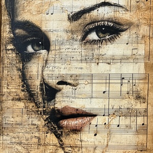 A photo of a music sheet. There's a painting of a woman's face with artmargeu style, painted on the music sheet. The painting is done in such a way that the notes can still be seen through the painting. The overall piece is a work of art with high quality and beauty. ar 9:16 -style raw v 6.1 quality 2 - stylize500 personalize 1khlp1t