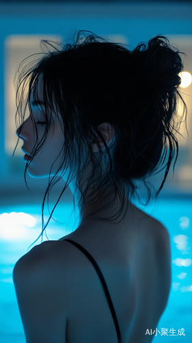 美女黑色头发盘起比基尼侧面夜晚游泳池真实肌肤质感