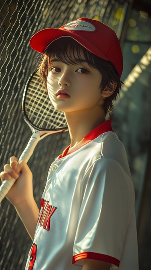 The first half portrait, holding a racket, high-level photos, pure and cheerful boy, exquisite facial features, sunshine, red and white Baseball uniform, wearing a hat, sweet, relaxed, shiny, iron mesh background, front, beautiful Japanese boy photos, lifelike facial features, beautiful lights, extremely beautiful facial details and delicate eyes clear facial features, 32K ultra clear, millions of images ar 9:16