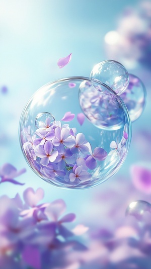 3 transparent bubbles, transparent bubbles inside the plush ball, surrounded by purple flowers and petals floating in the air, light blue background, light white gradient background, soft dreamy atmosphere, lovely style, digital art, HD, fine detail, high resolution, wallpaper, mobile phone wallpaper, mobile phone screen wallpaper.ar 9:16 v 6.0