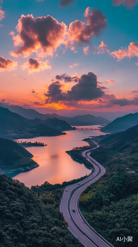 傍晚时分的湖面公路与夕阳云彩