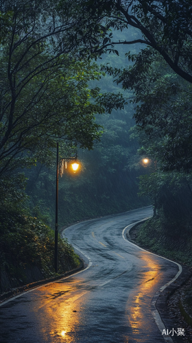 夜雨森林中无人的蜿蜒小路与闪烁路灯