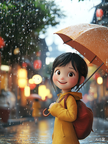 Ten Year Old Girl Smiling with Umbrella in Rainy Street 3D Cartoon Style