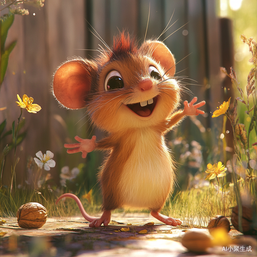 Pixar Style Cute Mouse Dances in Yard Surrounded by Nuts and Flowers