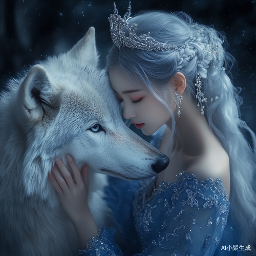 银发女孩与白狼的梦幻夜景