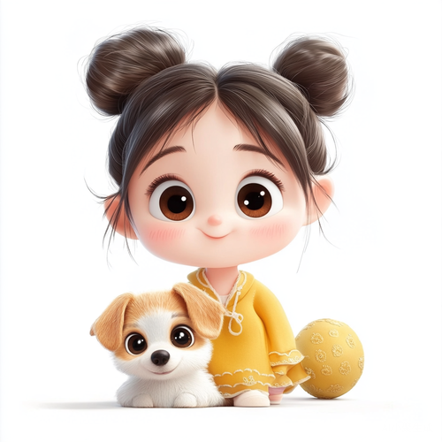 可爱中国小女孩与小狗的纯白背景互动