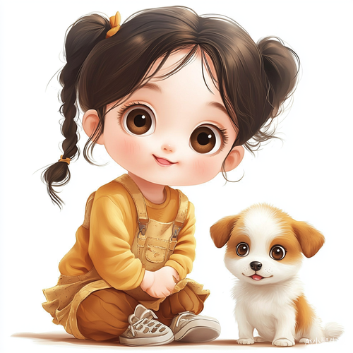 可爱中国小女孩与小狗的纯白背景互动