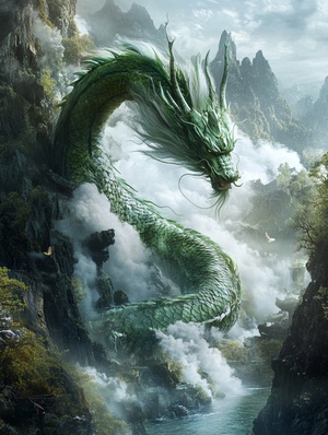 Chinese mythology scene of a giant winding Chinese green dragon, full body view, Chinese mythology, mountains, white smoke, clouds, water, ultra detailed, surreal, Ultra HD, octane rendering, intricate details, virtual engine, movie lighting, cinematography, intense, 32K