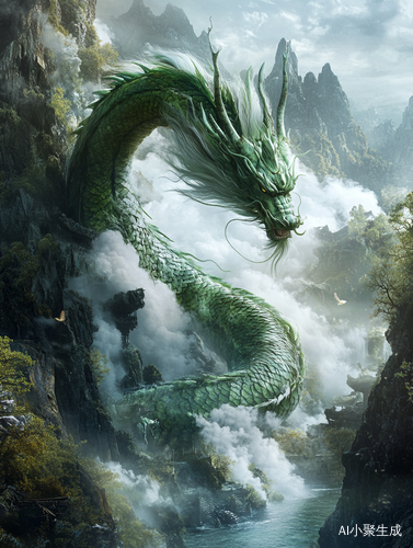 Surreal Ultra HD Scene of a Giant Chinese Green Dragon in Mythological Landscape