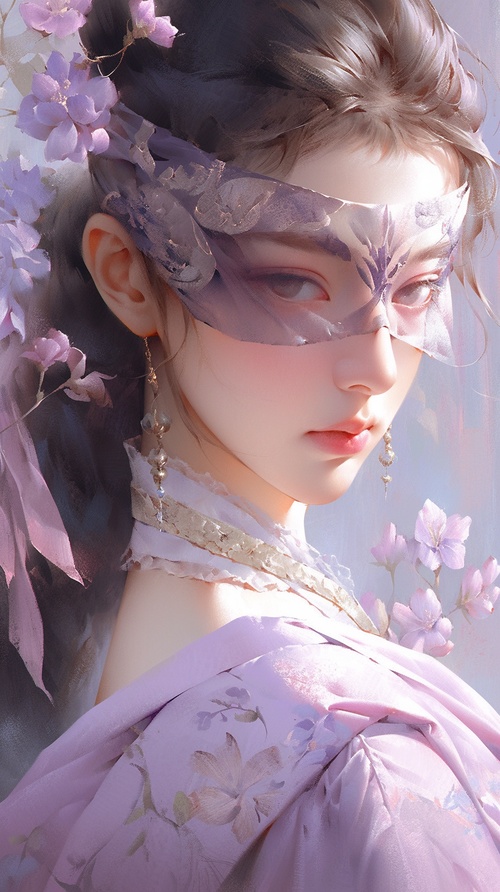 A Chinese girl wearing an eye mask, super realistic oil painting, white and light purple,ancient China, exquisite clothing details full of imagination, dreamlike, ethereal fantasy, clear contours, beautiful clothing, mysterious characters ar 9:16