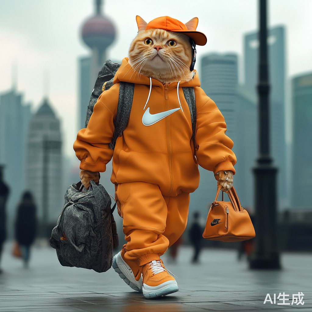 橘色猫咪穿耐克运动服街头漫步上海外滩