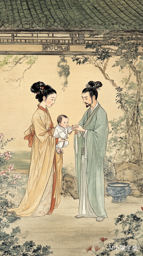 李白在院子里静观妻子怀抱婴儿