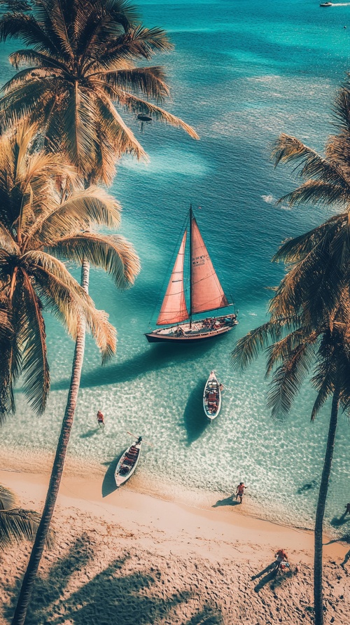 大海帆船⛵️，海边椰子树 和游客