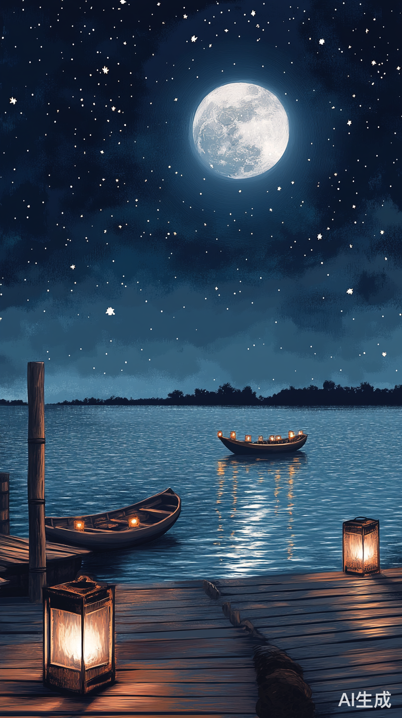 宁静月光之夜下的梦幻海景插画