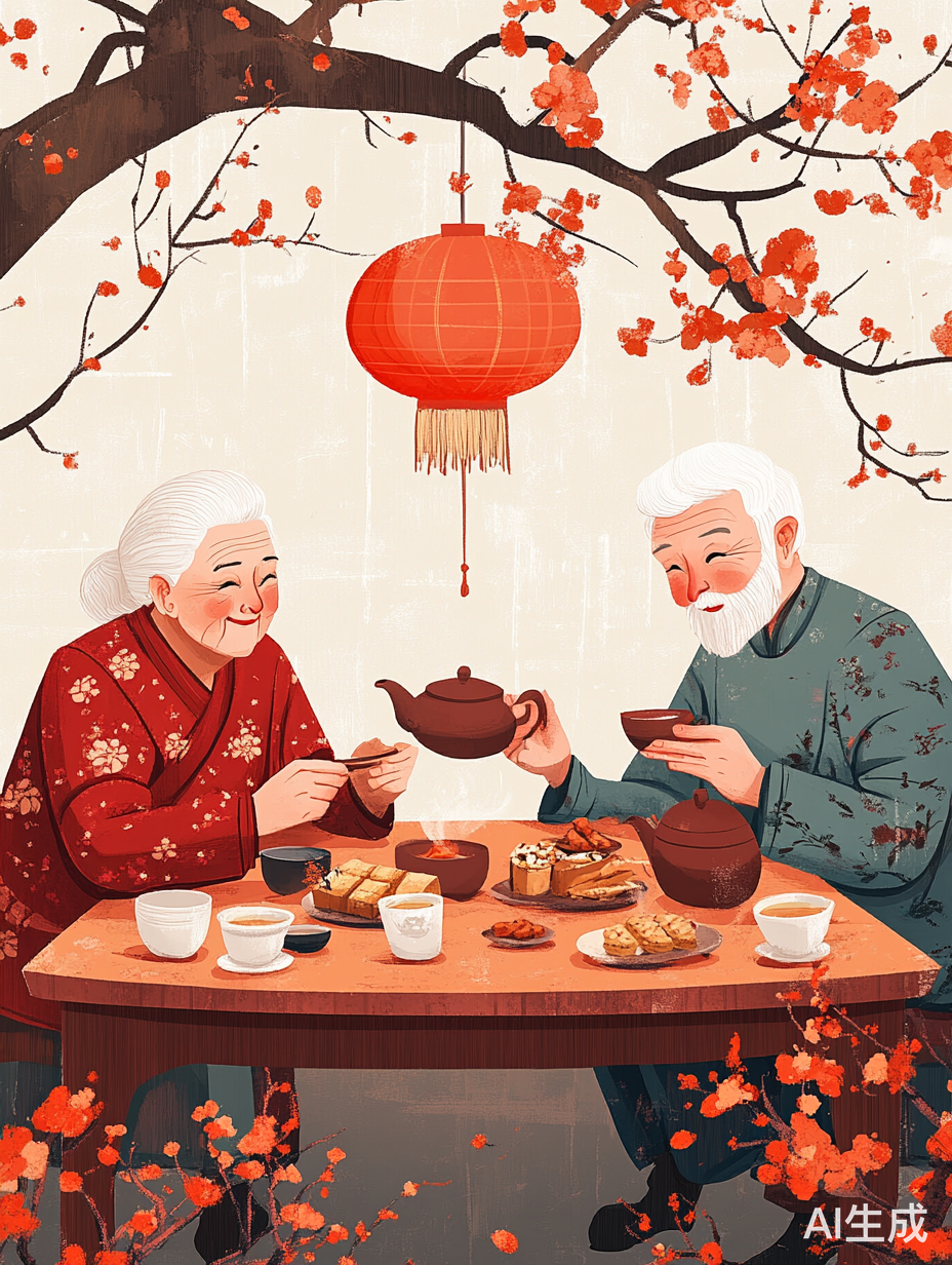 白发老爷爷奶奶泡茶喝茶的温馨场景