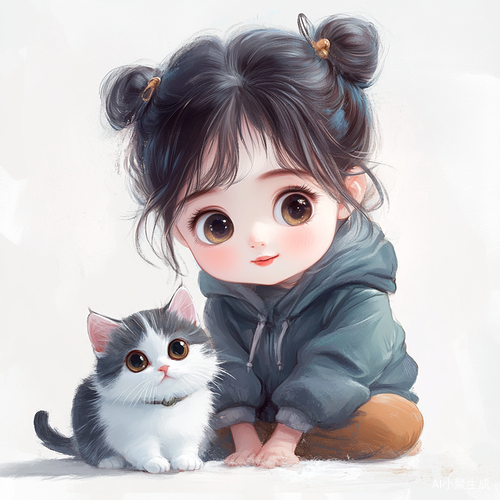 纯白背景下的可爱中国小女孩与猫的高清画面